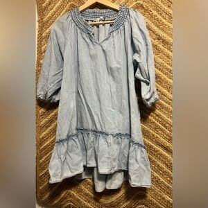 Elan Women's Faux Denim Smock Mini Dress,3/4 Puffy Sleeves, Size Small